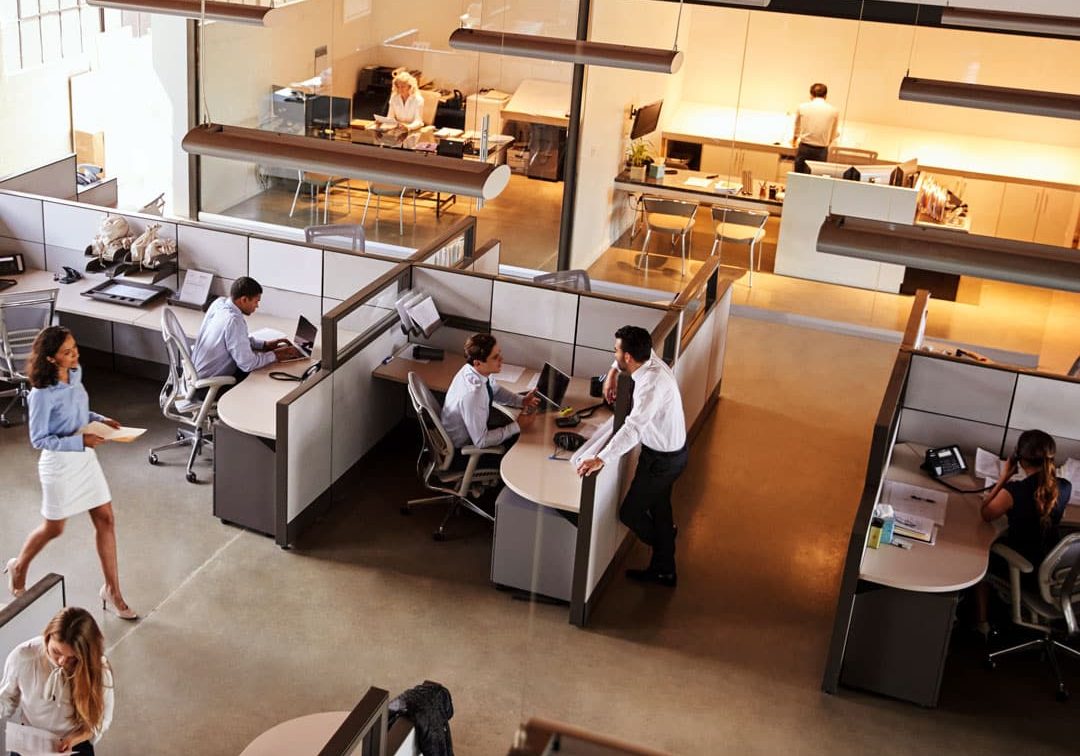Elevated view of busy open plan office